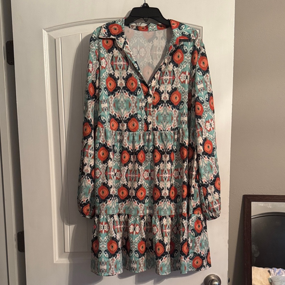 Boho Floral Tiered Long Sleeve Dress - Orange‎ & Teal